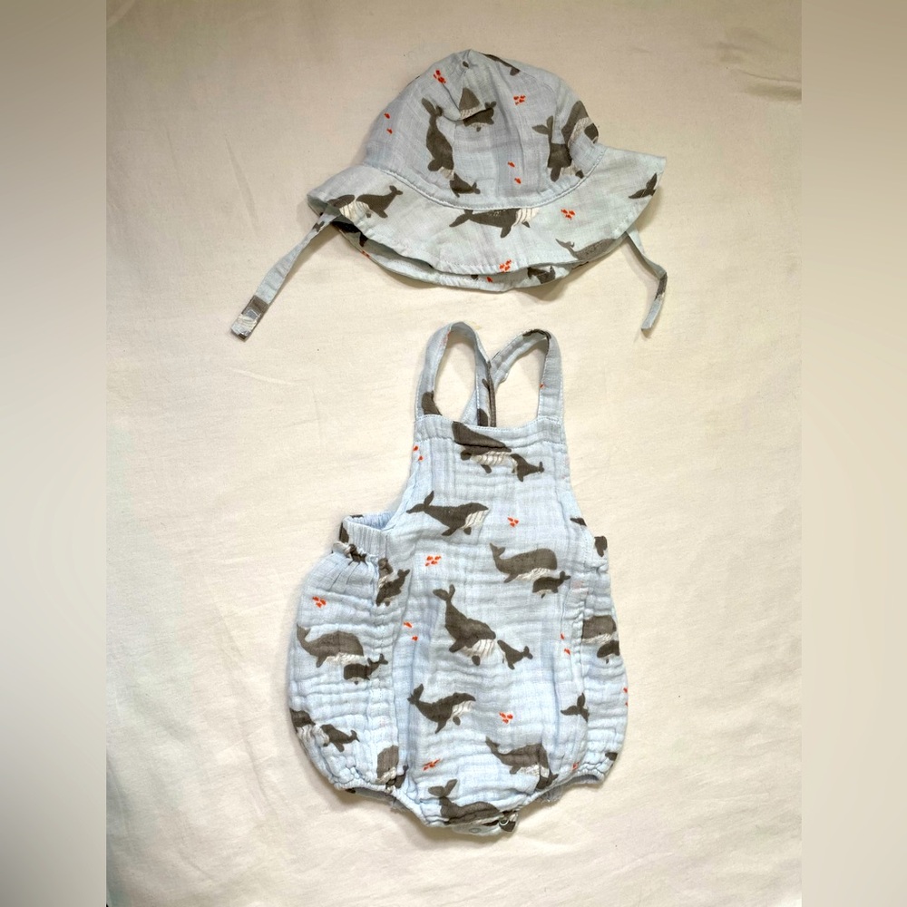 Angel Dear 100%cotton playsuit and matching hat. 6-12 months